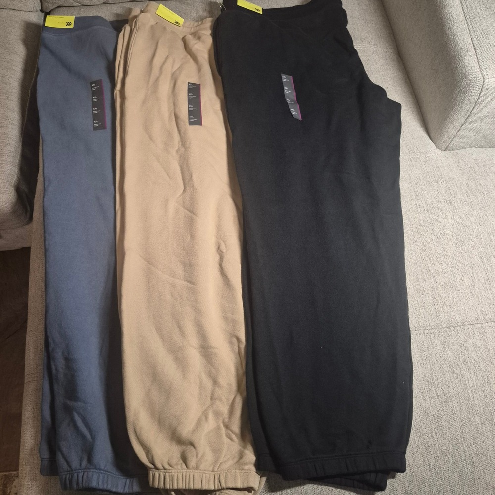 All in Motion Mens French Terry Joggers 3 Pack Black Tan Blue XXL NWT